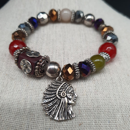 Bracelet élastique perles facettées et plumes métal argenté