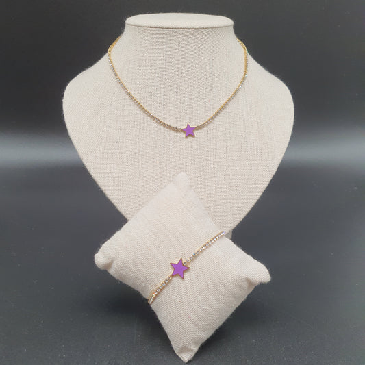 Parure collier bracelet acier inoxydable chaîne dorée maille sertie de strass blancs étoile émail coloré Lilas de Seine