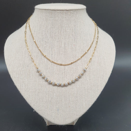 Collier double rang acier inoxydable doré – chaîne maille gourmette & maille billes fantaisie