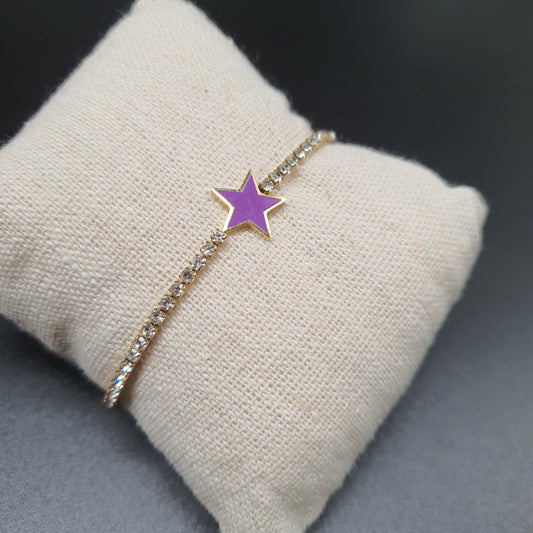 Bracelet doré acier inoxydable maille sertie de strass blancs et pendentif étoile émaillée violette