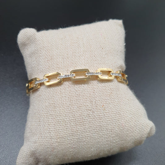 Bracelet jonc acier doré – gros maillons rectangulaires & strass brillants