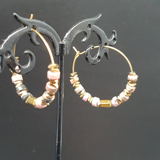 Boucles d'oreilles créoles acier inoxydable doré perles tubes rondelles pierre naturelle