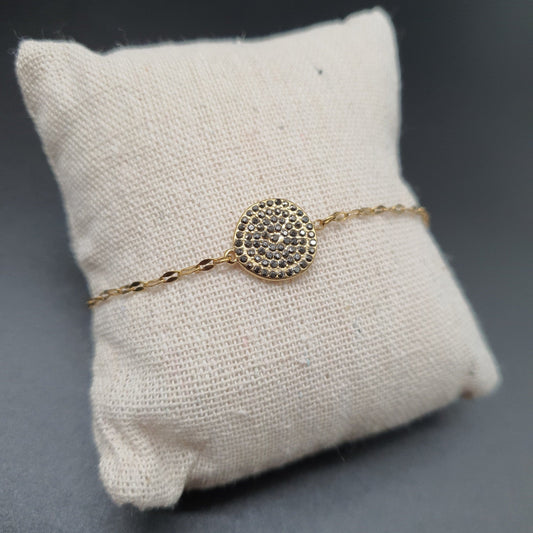 Bracelet acier doré fine chaîne maille fantaisie torsadée pièce métal doré strass