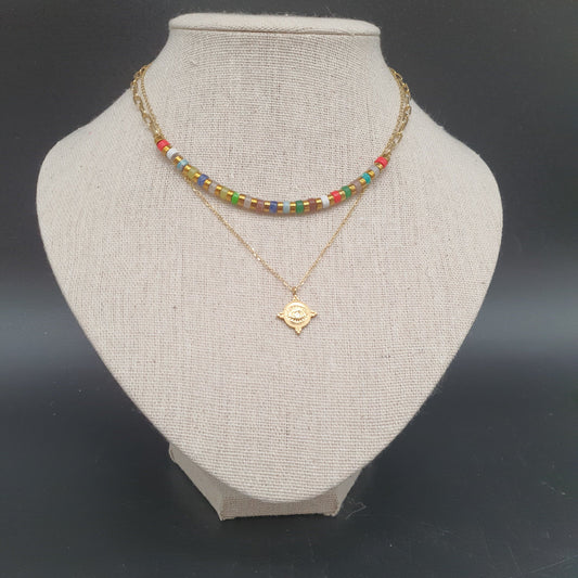 Collier double chaîne perlée acier inoxydable doré ou argenté avec médaillon fin œil mystique