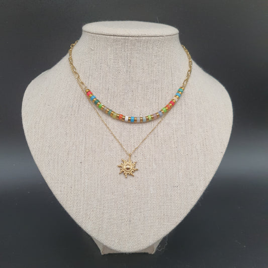 Collier double chaîne acier inoxydable doré ou argenté pendentif soleil astral