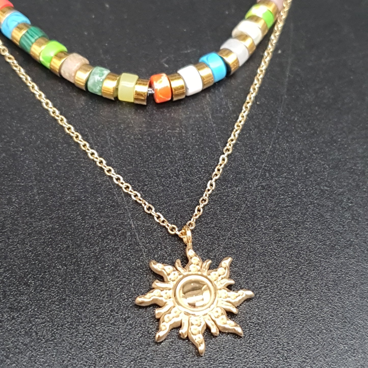 Collier double chaîne acier inoxydable doré ou argenté pendentif soleil astral