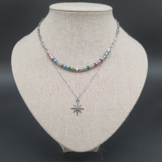 Collier double chaîne perlée acier inoxydable doré ou argenté – Pendentif étoile polaire