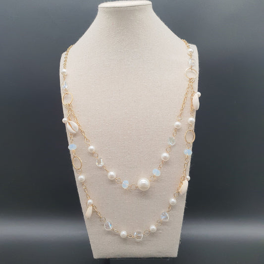 Collier sautoir double rang chaîne dorée maillons fantaisie perles eau douce