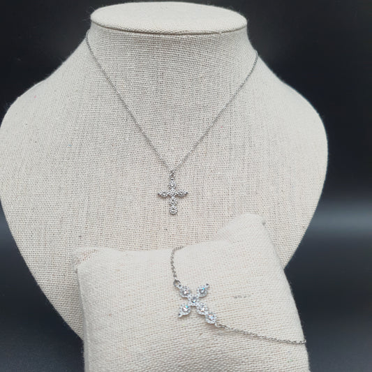 Parure collier bracelet acier inoxydable chaîne maille forçat pendentif croix strass Lilas de Seine