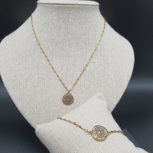 Parure collier bracelet acier doré fine chaîne maille fantaisie torsadée pendentif métal doré strass