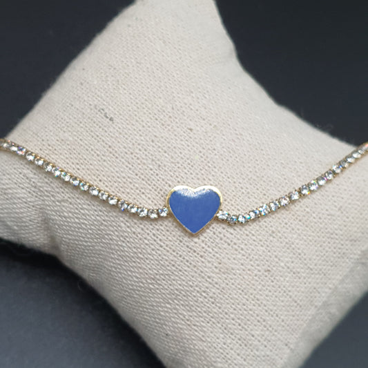 Bracelet doré acier inoxydable maille sertie de strass blancs et pendentif cœur émaillé bleu