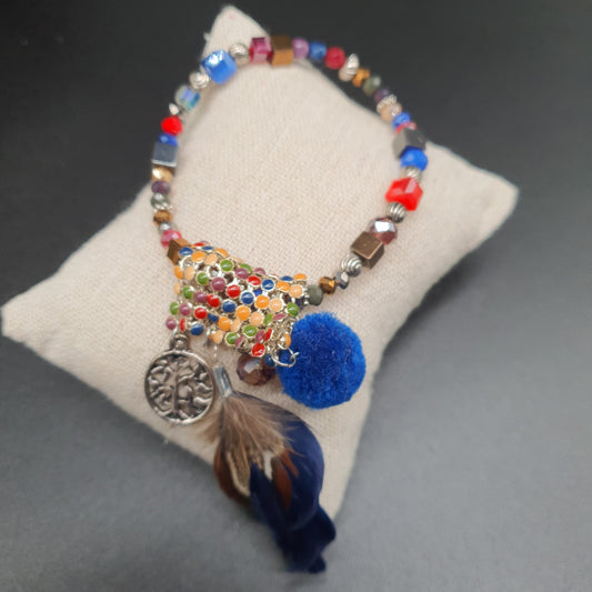 Bracelet élastique perles multicolores avec pièce tissée métal doré