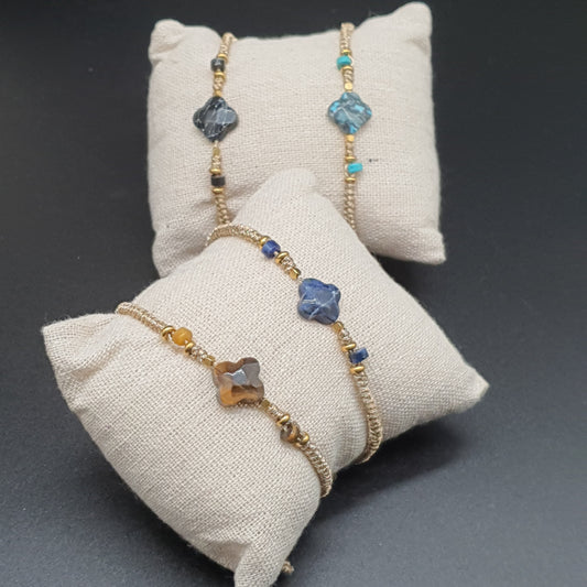 Bracelet doré acier inoxydable fils tressés perles dorées pierre naturelle