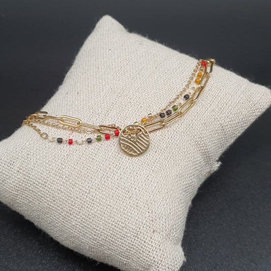 Bracelet triple rang acier inoxydable doré billes pierre naturelle – Lilas de Seine