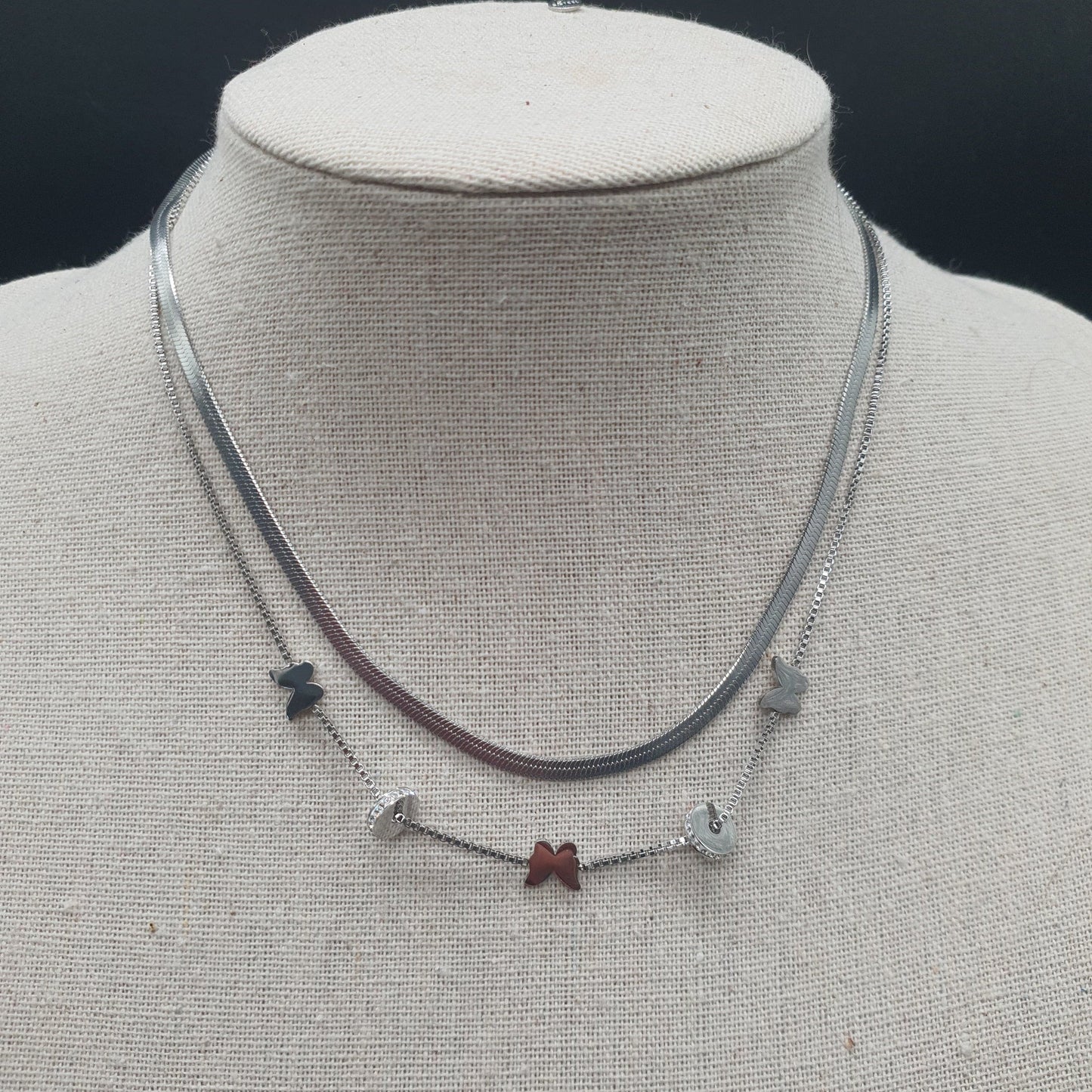 Stainless steel silver-plated double chain necklace with Venetian mirror mesh, butterflies, and thin rhinestone rondelles
