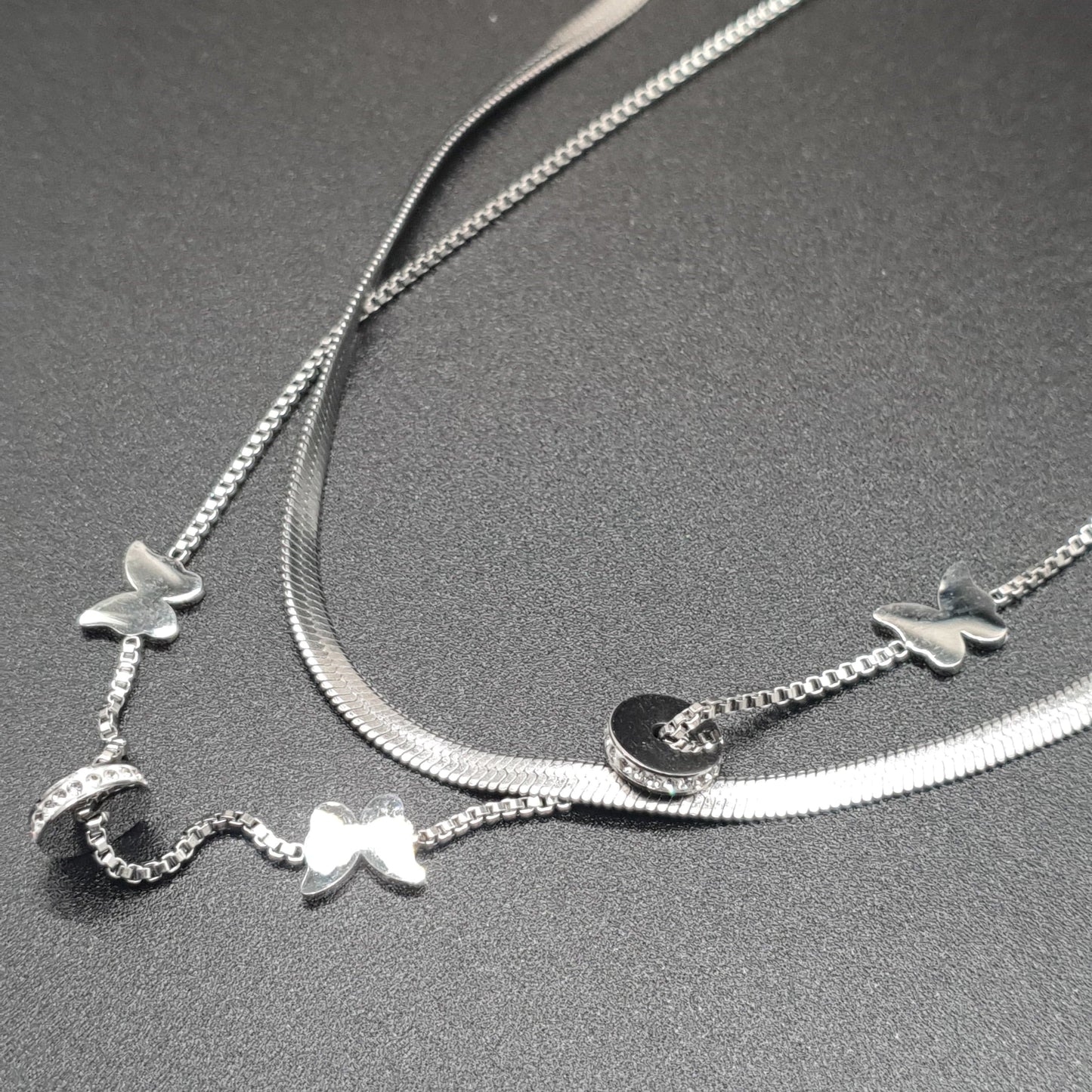 Stainless steel silver-plated double chain necklace with Venetian mirror mesh, butterflies, and thin rhinestone rondelles