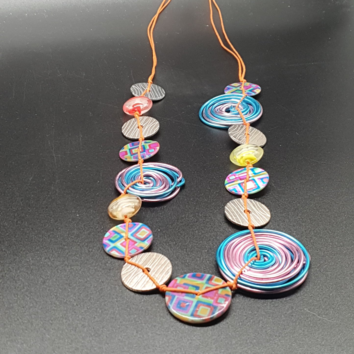 Bohemian necklace and earrings set – colourful enamel & waxed cotton discs