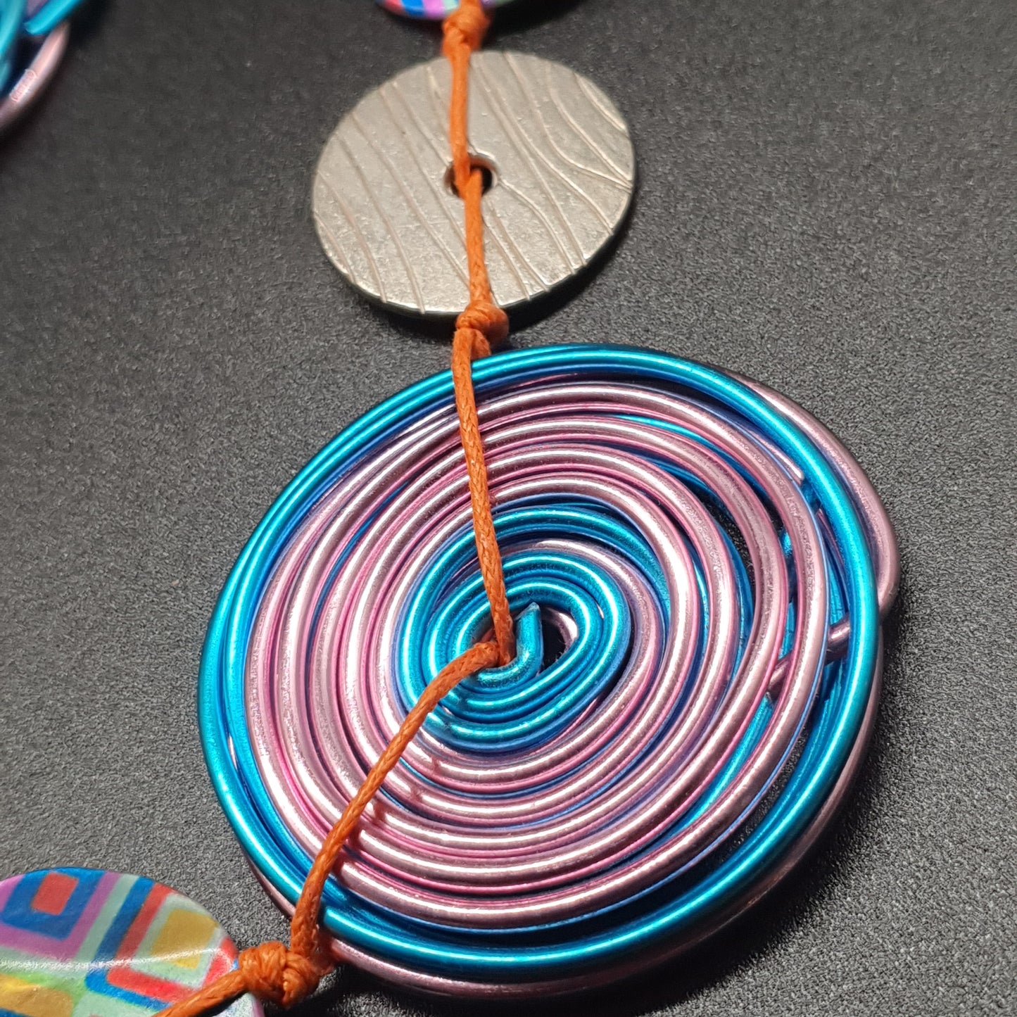 Bohemian necklace and earrings set – colourful enamel & waxed cotton discs
