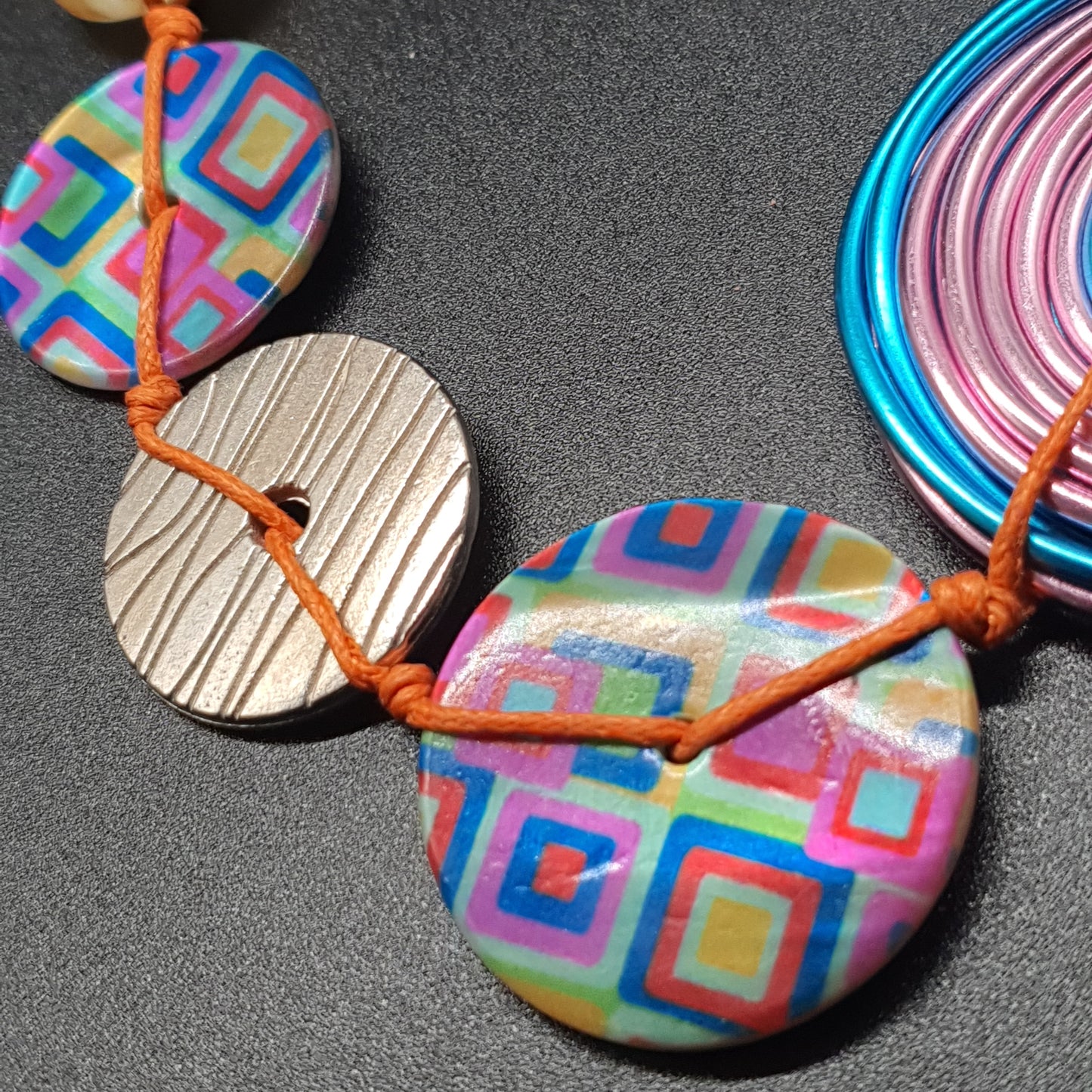 Bohemian necklace and earrings set – colourful enamel & waxed cotton discs