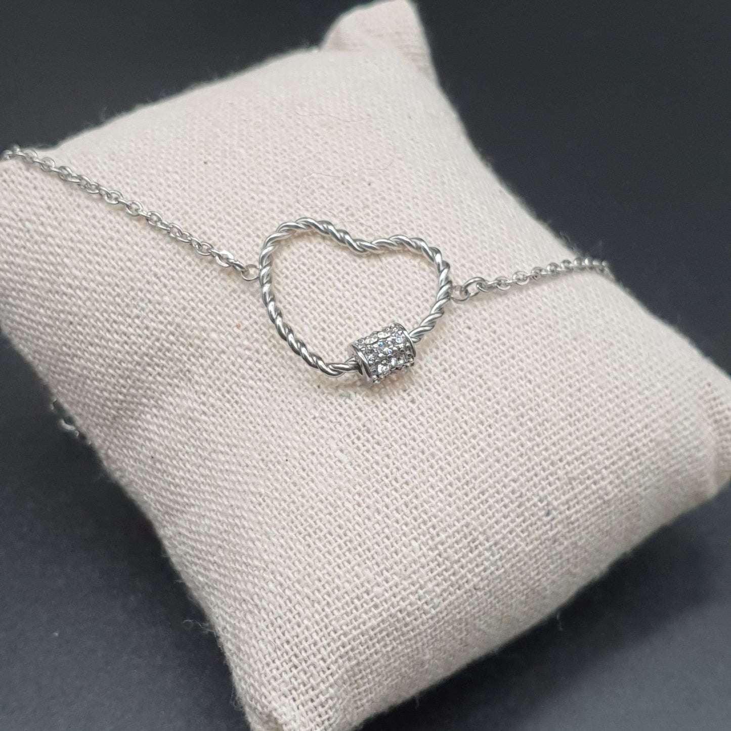 Silver stainless steel twisted heart rhinestone fine cable chain bracelet