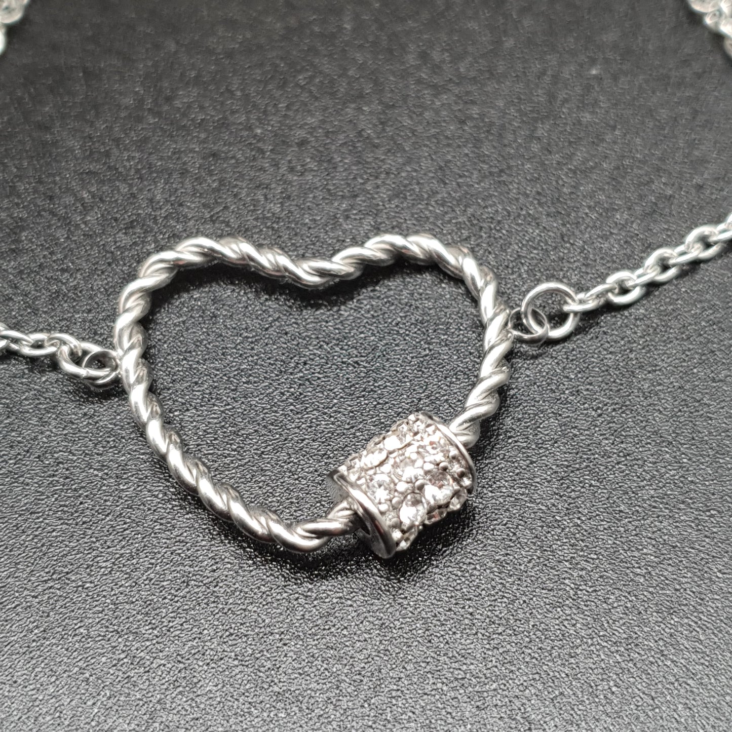 Silver stainless steel twisted heart rhinestone fine cable chain bracelet