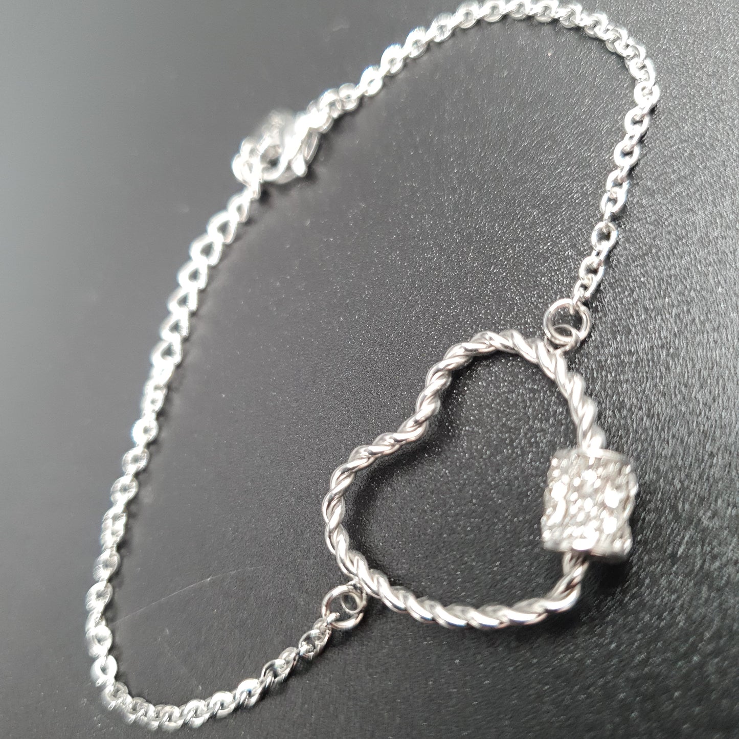 Silver stainless steel twisted heart rhinestone fine cable chain bracelet