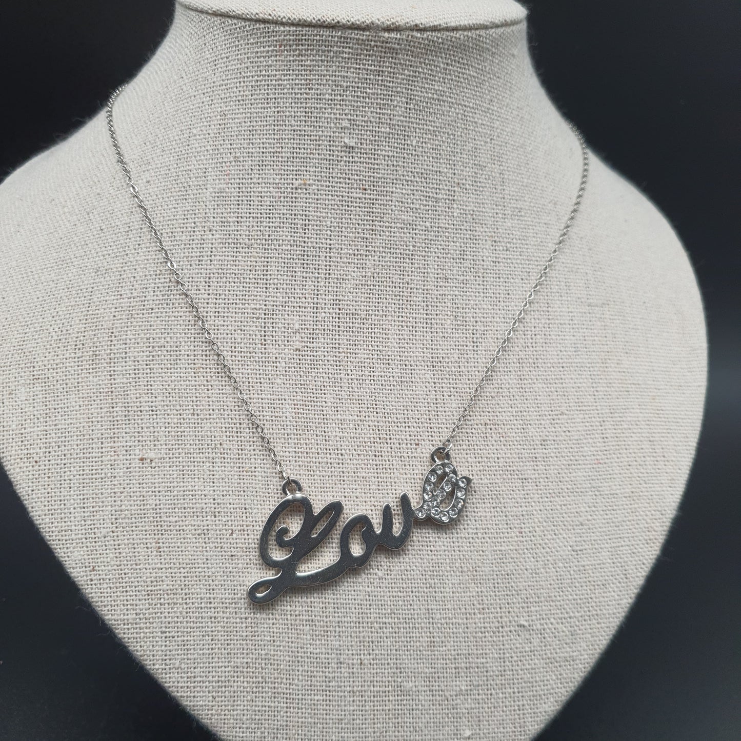 Silver stainless steel necklace – "Love" rhinestone pendant, cable chain