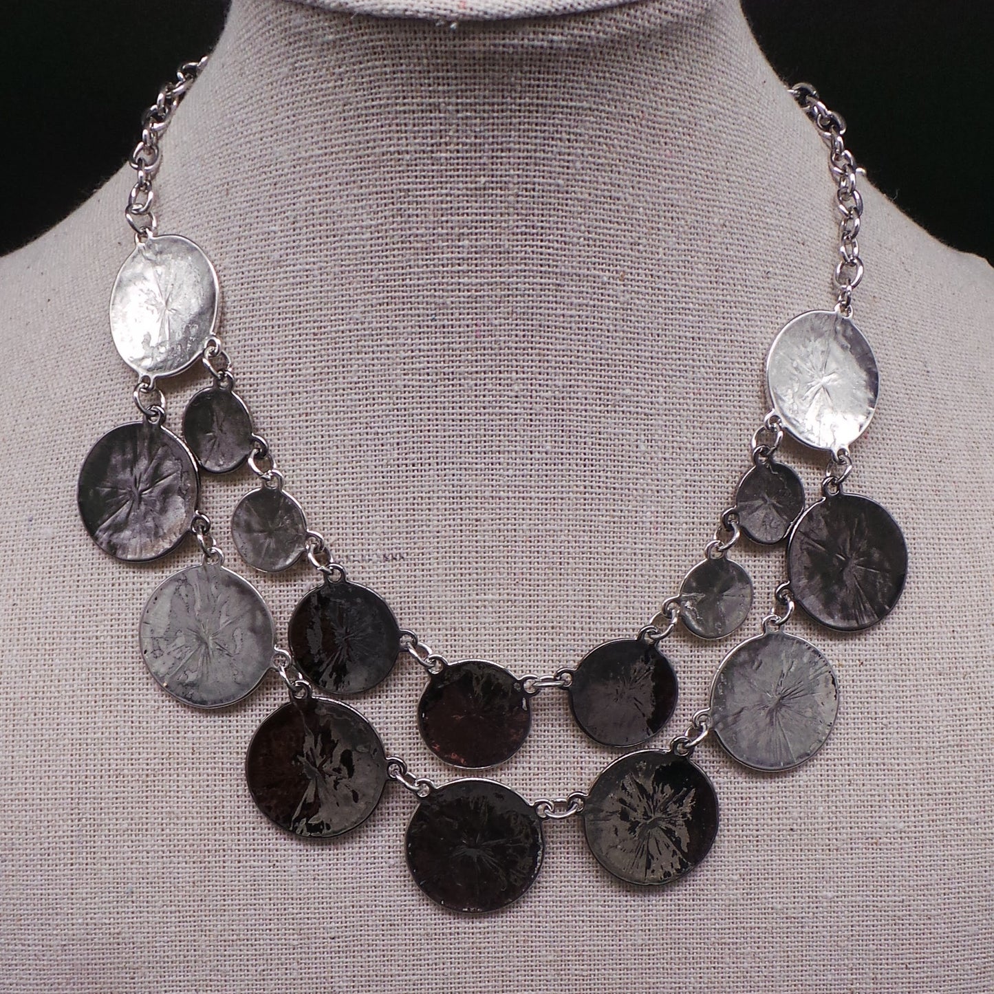 Double-strand necklace, steel rolo chain, hammered round silver-tone metal pieces