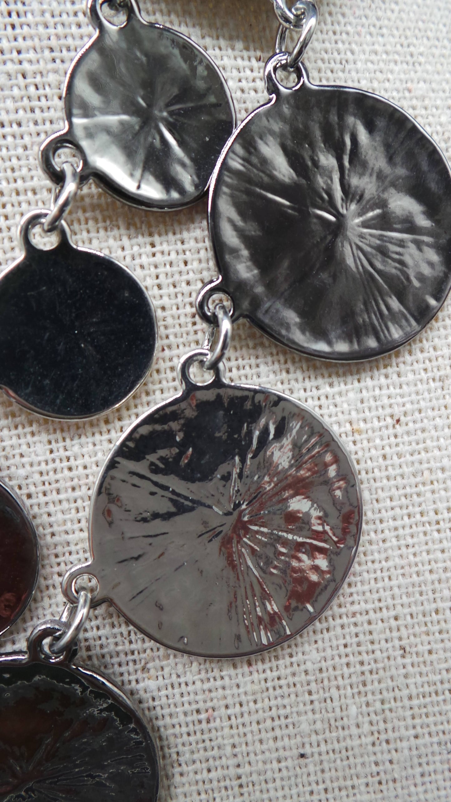 Double-strand necklace, steel rolo chain, hammered round silver-tone metal pieces