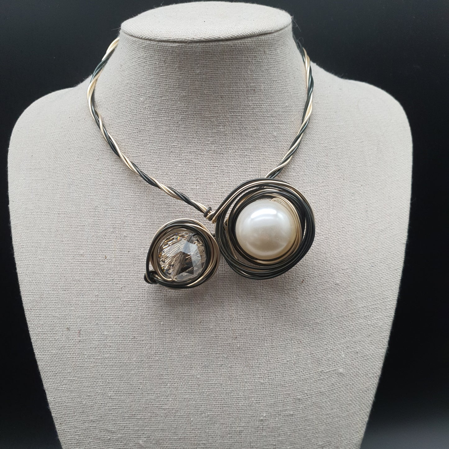 Multi-position modular necklace – twisted cables & metal spiral, central pearl