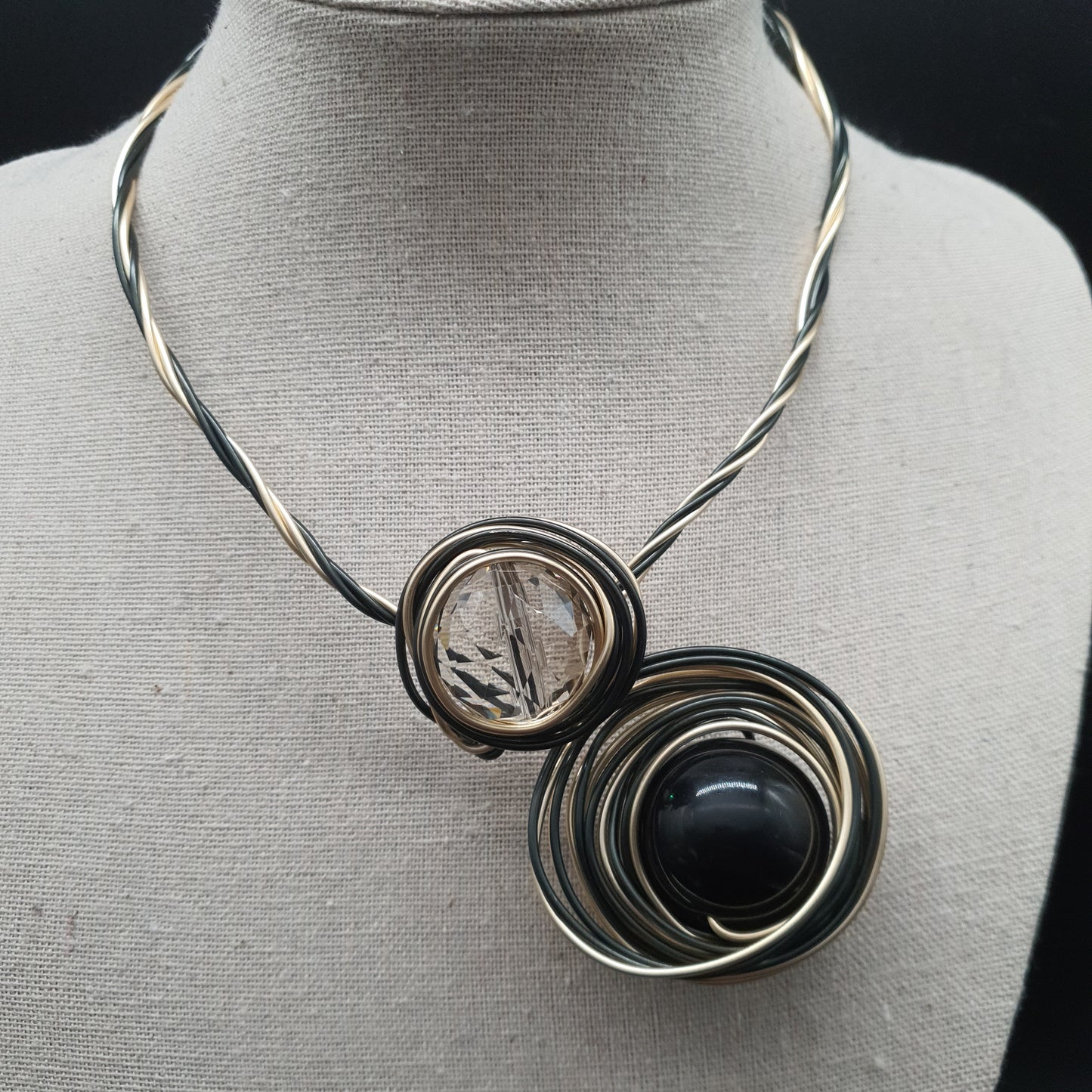 Multi-position modular necklace – twisted cables & metal spiral, central pearl