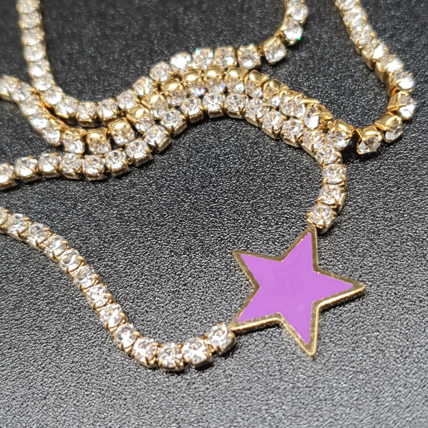 Lilas de Seine Stainless Steel Necklace and Bracelet Set with Golden Chain, Mesh Set with White Rhinestones, and Enamelled Star