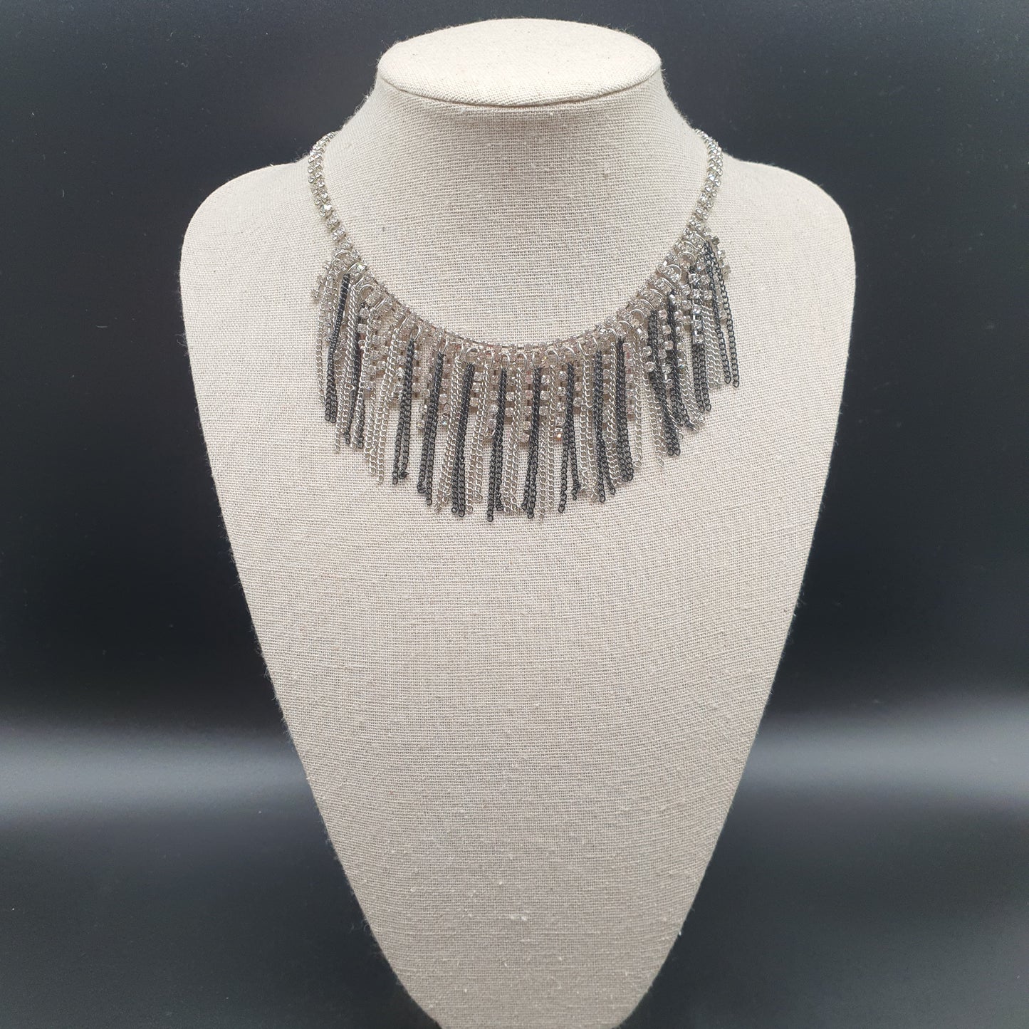 Stainless steel silver-plated bib necklace with rhinestones and black metal chains