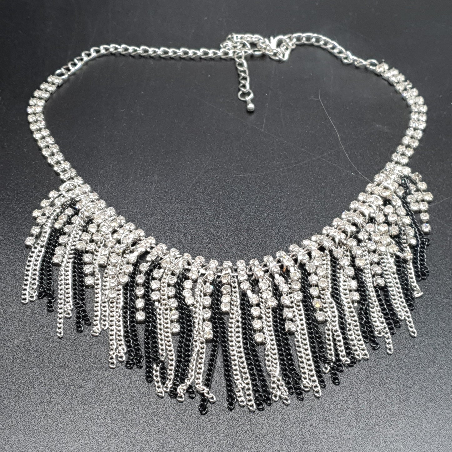 Stainless steel silver-plated bib necklace with rhinestones and black metal chains