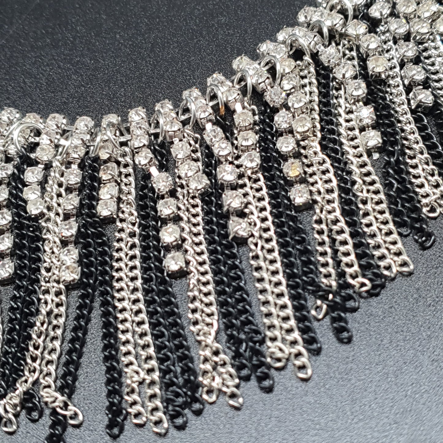 Stainless steel silver-plated bib necklace with rhinestones and black metal chains