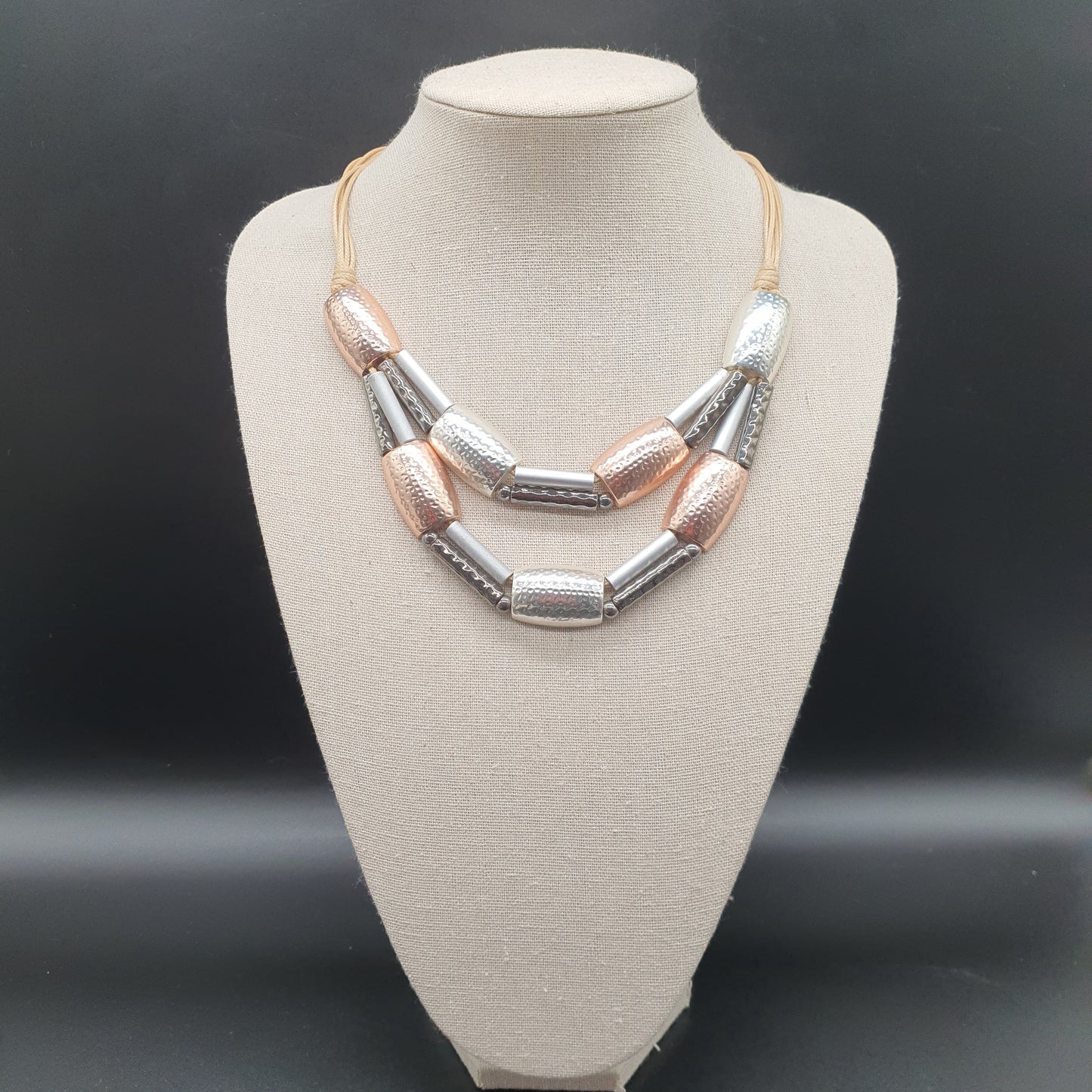 Double-strand necklace with multi-cord waxed cotton & hammered gold and silver metal half-tubes