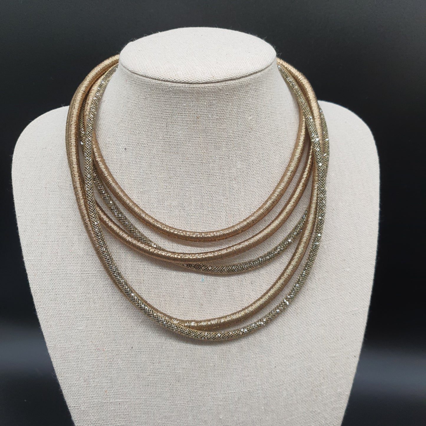 Beige multi-strand necklace with mesh tubes and crystal-effect metallic threads