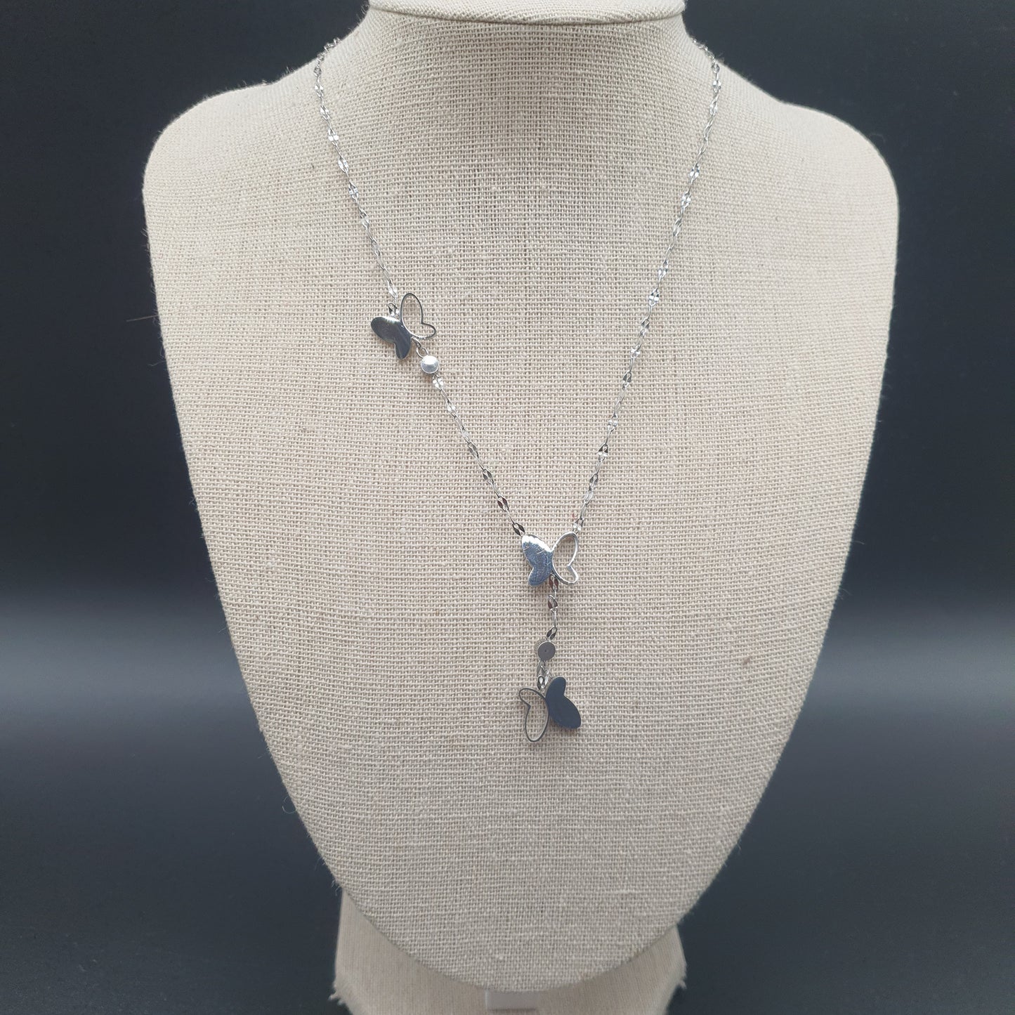 Stainless steel gold or silver long necklace – twisted mother-of-pearl butterfly pendant