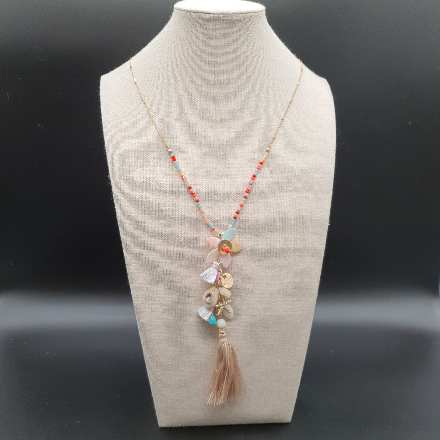 Gold stainless steel long necklace with enamelled dragonfly motif details and glass beads – Satellite chain