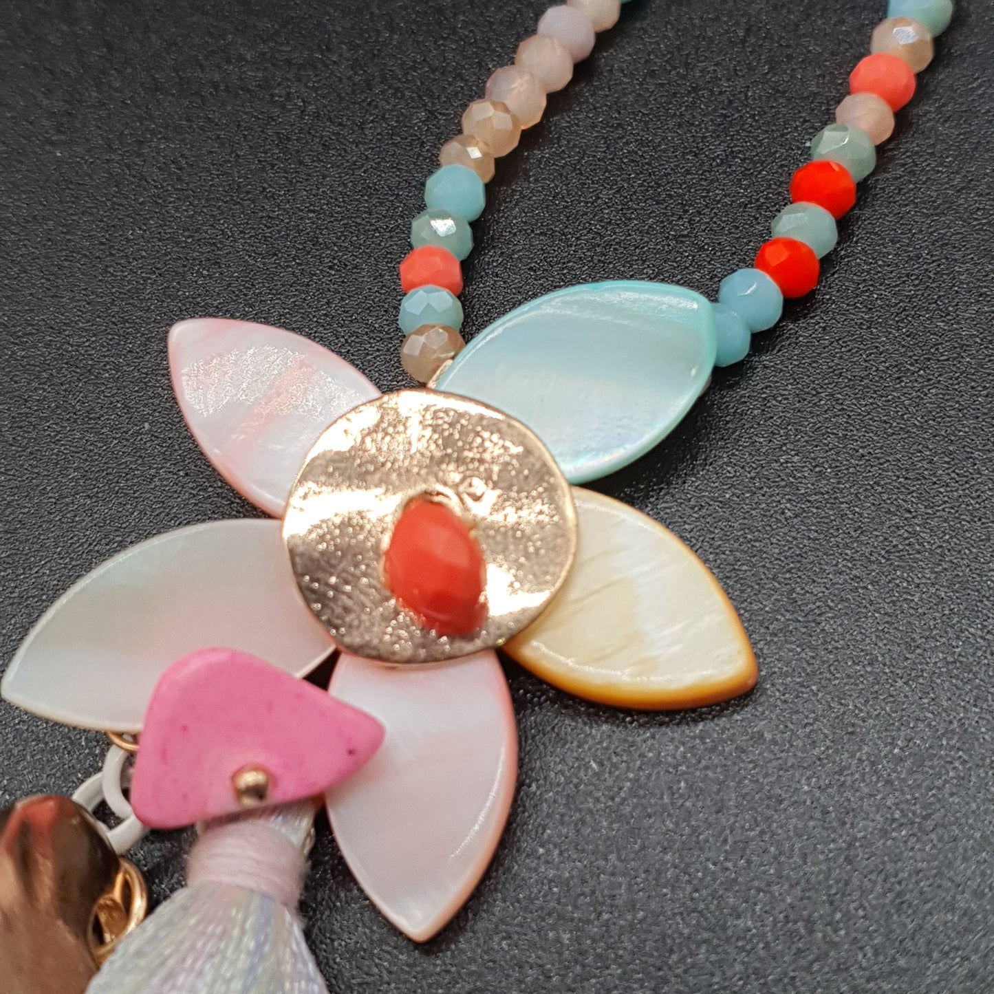 Gold stainless steel long necklace with enamelled dragonfly motif details and glass beads – Satellite chain