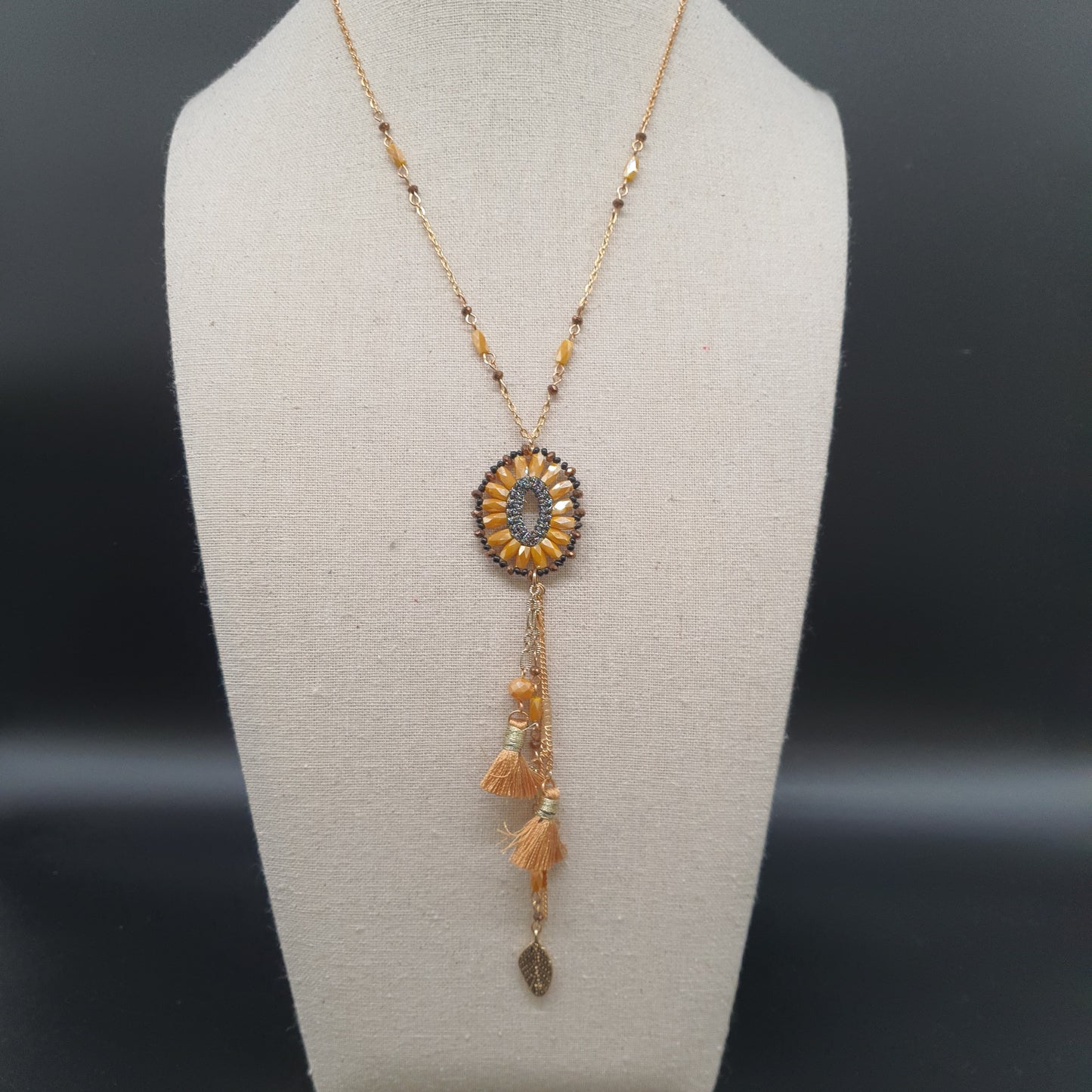 Gold gypsy long necklace – cable chain, charms and oval woven pendant