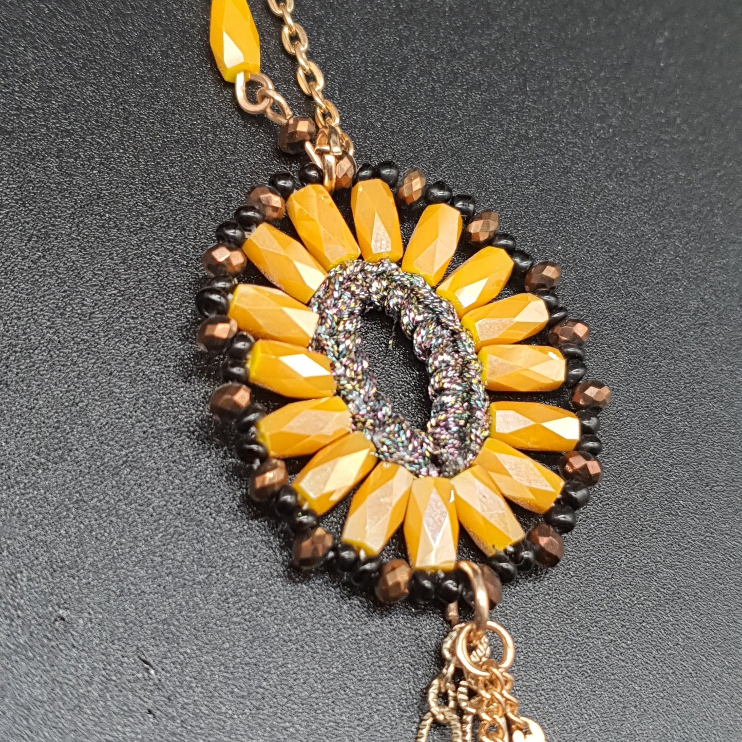 Gold gypsy long necklace – cable chain, charms and oval woven pendant