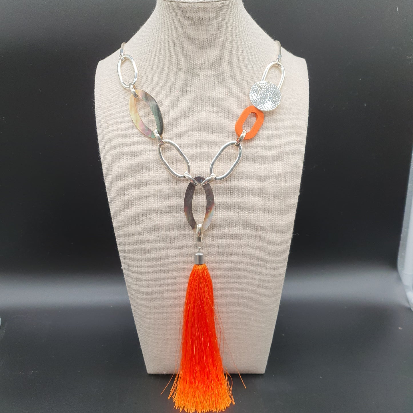 Orange long necklace with snake chain, silver-plated metal rings, mother-of-pearl, wood & tassel
