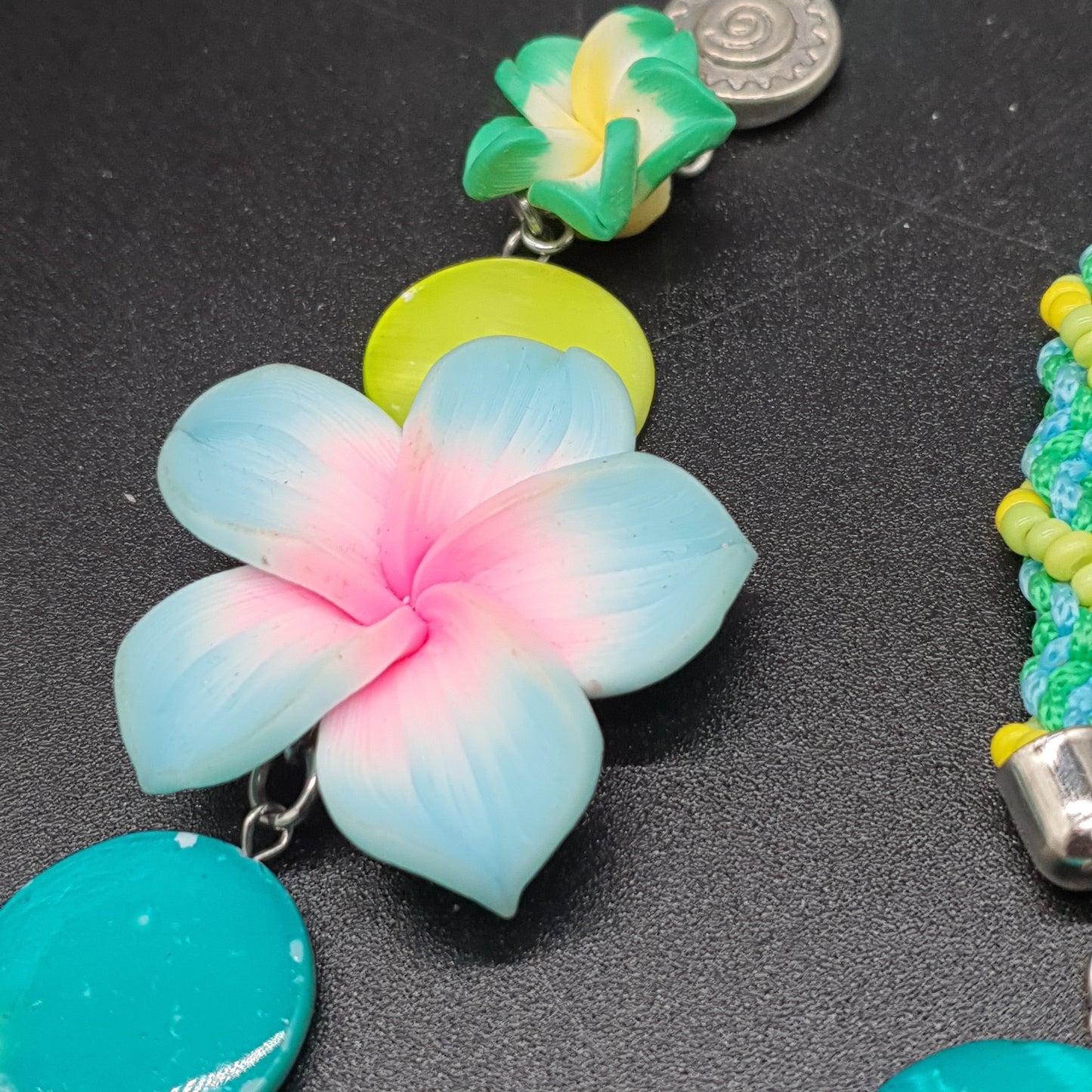 Long necklace, double silver-plated chain with seed beads, mother-of-pearl, flowers & tiaras
