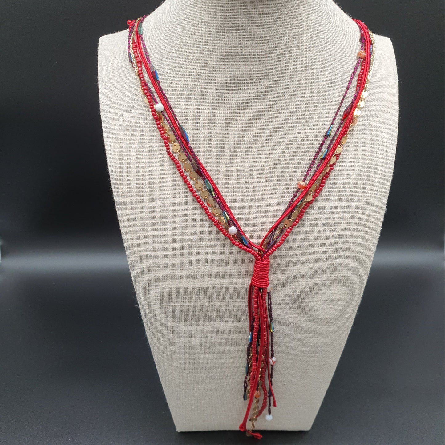 Red multi-strand long necklace – Metallic threads and crystal beads