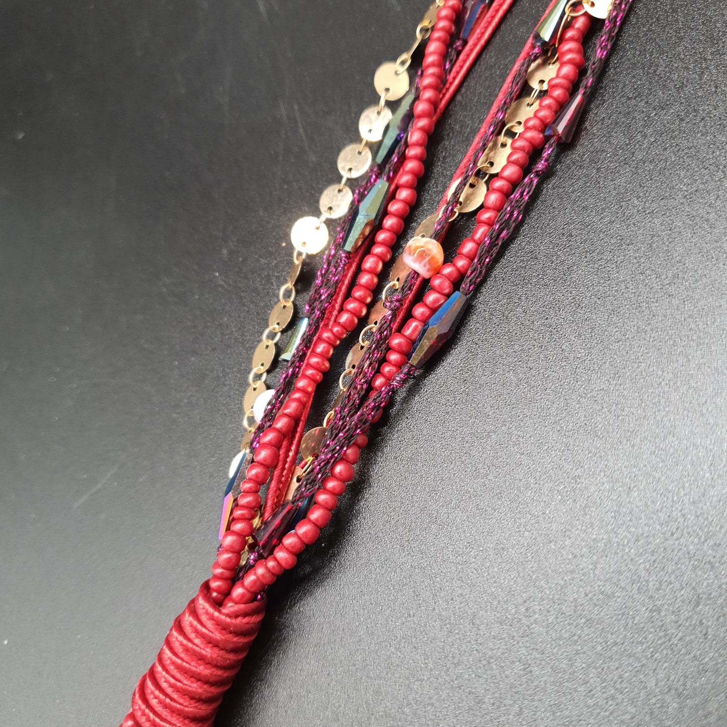 Red multi-strand long necklace – Metallic threads and crystal beads