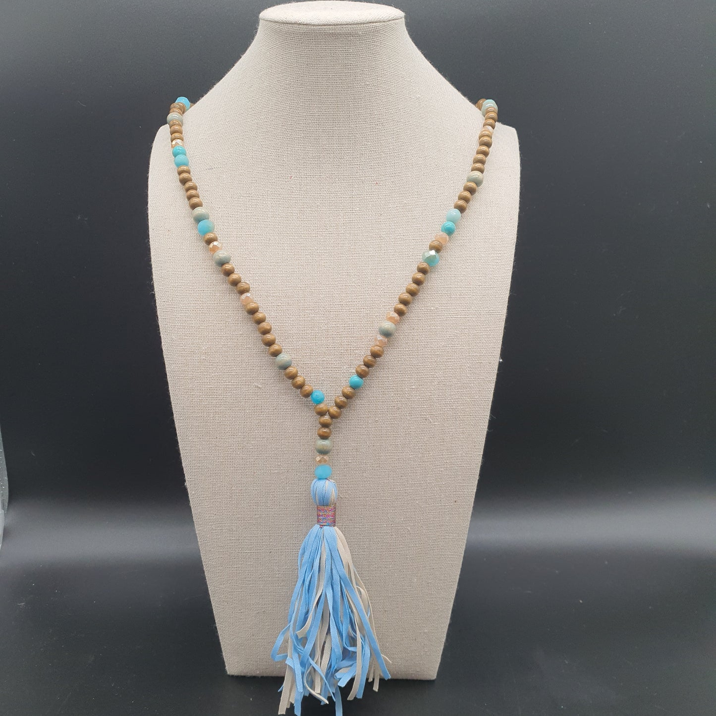 Long necklace wood beads reconstituted stone freshwater blue tassel pendant