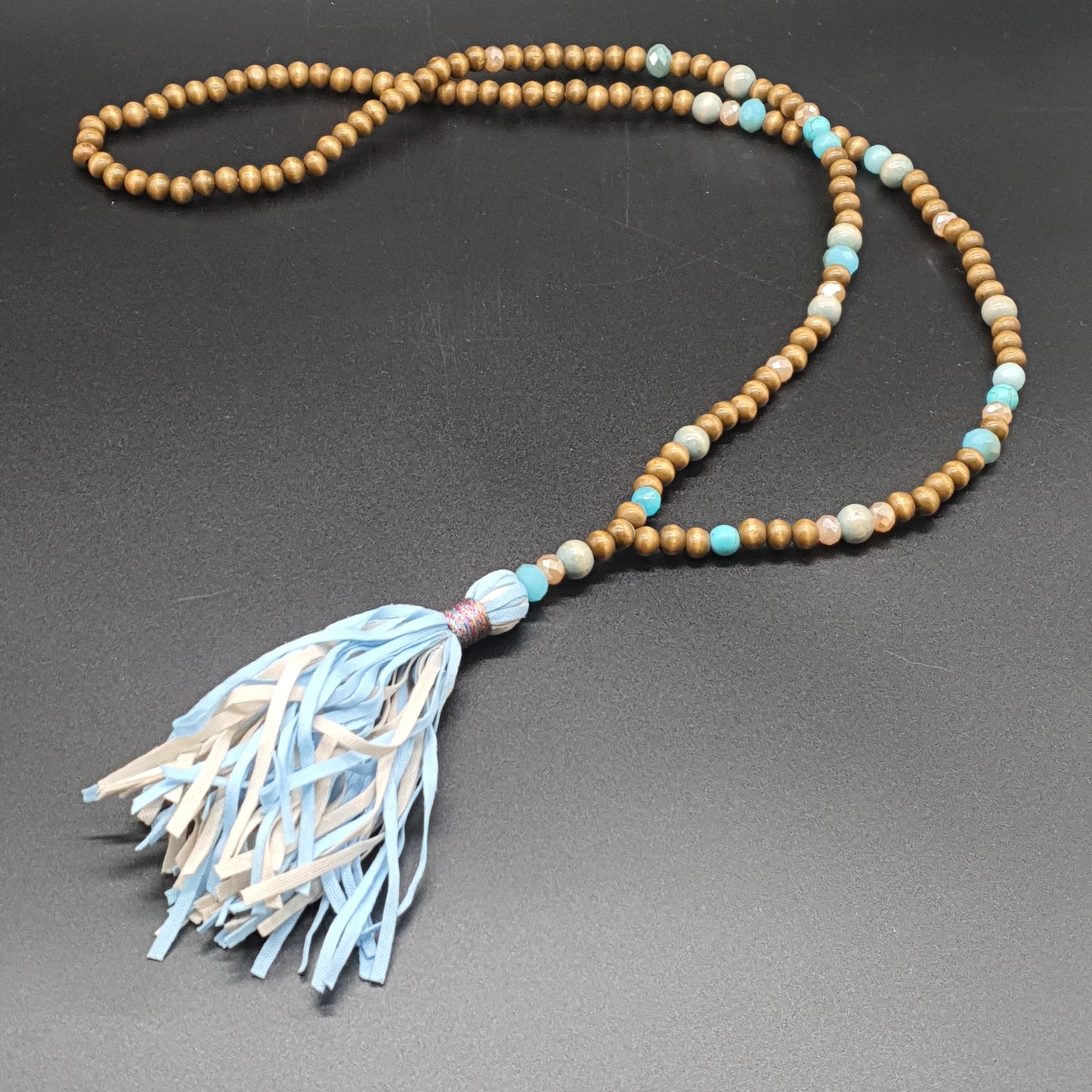 Long necklace wood beads reconstituted stone freshwater blue tassel pendant