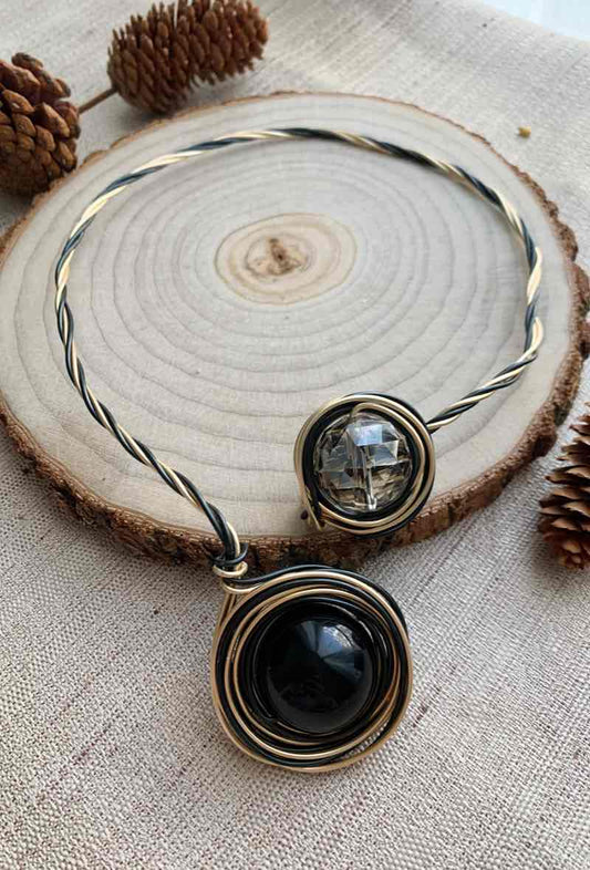 Collier modulable multi-positions – câbles torsadés & spirale métal, perle centrale
